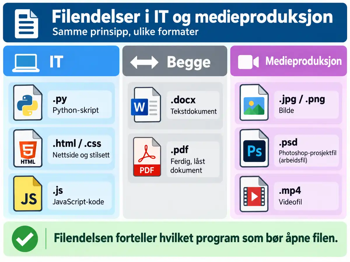 Filendelser for kode, dokumenter, bilder, prosjektfiler og video