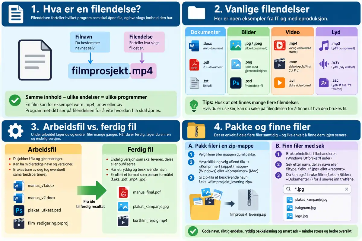 Oversikt over filendelser, arbeidsfiler og ferdige filer