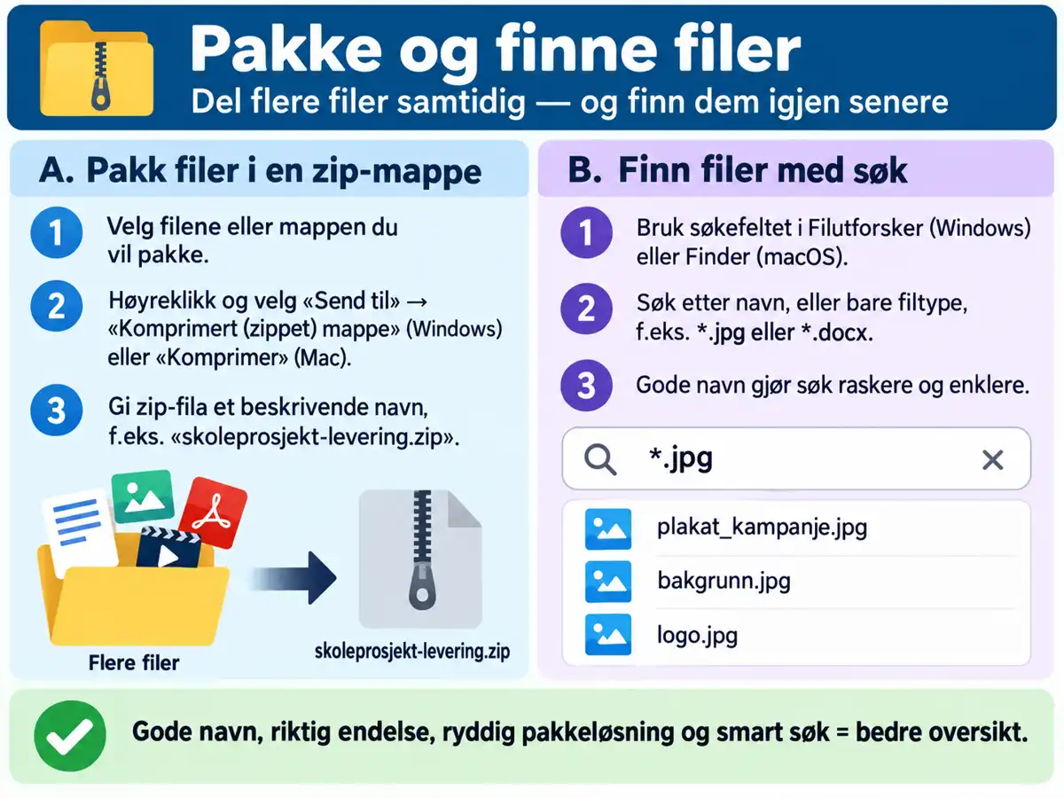 Eksempel på å pakke og finne filer