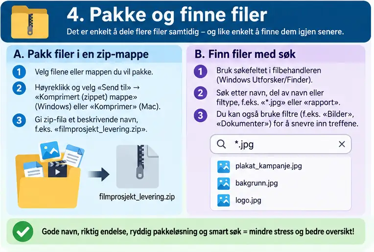 Å pakke ut filer og finne filer etter filtype